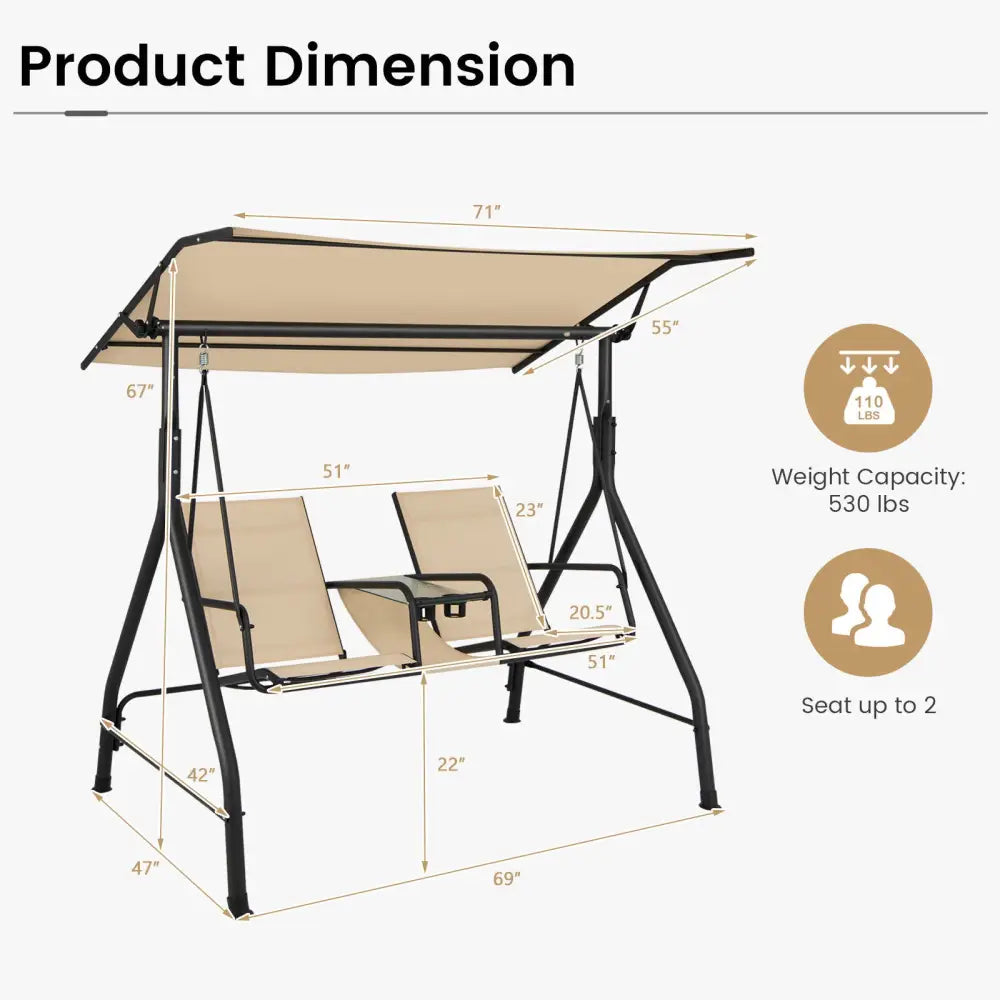 2-Seat Outdoor Cushioned Porch Swing with Adjustable Canopy and Tempered Glass Table-Beige - Beige - Porch Swings