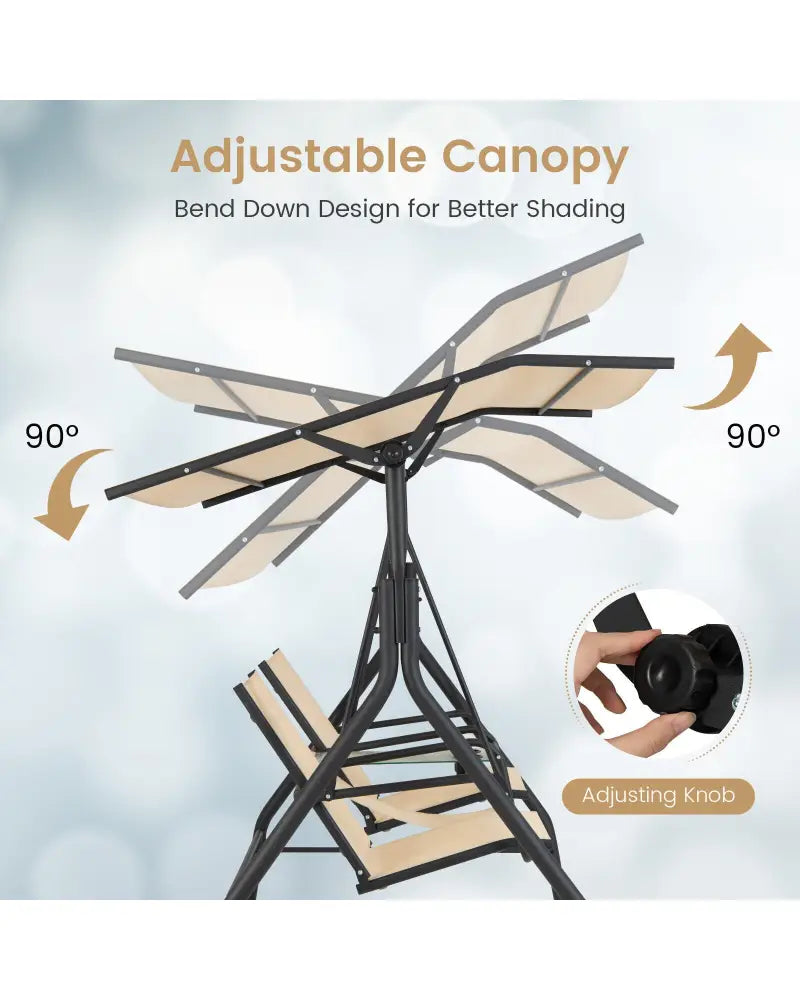 2-Seat Outdoor Cushioned Porch Swing with Adjustable Canopy and Tempered Glass Table-Beige - Beige - Porch Swings