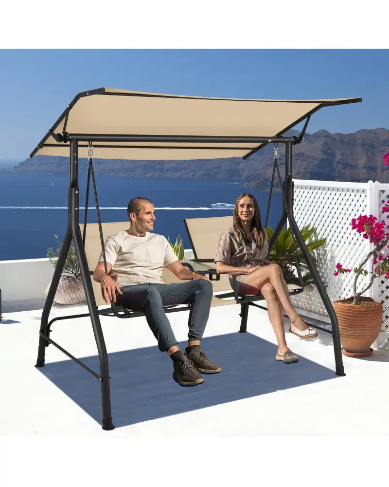 2-Seat Outdoor Cushioned Porch Swing with Adjustable Canopy and Tempered Glass Table-Beige - Beige - Porch Swings