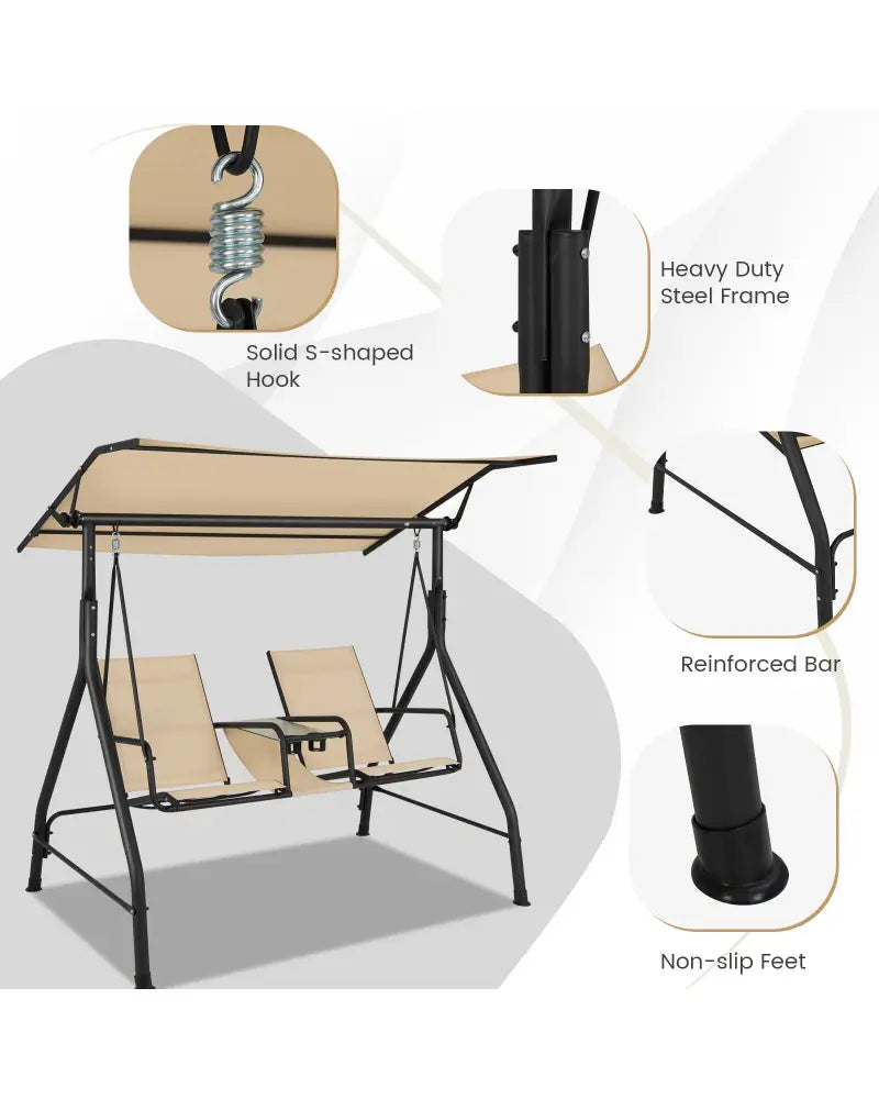 2-Seat Outdoor Cushioned Porch Swing with Adjustable Canopy and Tempered Glass Table-Beige - Beige - Porch Swings