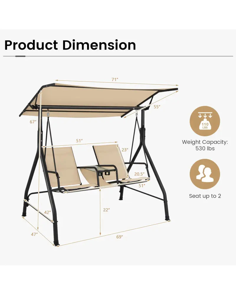 2-Seat Outdoor Cushioned Porch Swing with Adjustable Canopy and Tempered Glass Table-Beige - Beige - Porch Swings