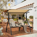 2-Seat Outdoor Cushioned Porch Swing with Adjustable Canopy and Tempered Glass Table-Beige - Beige - Porch Swings