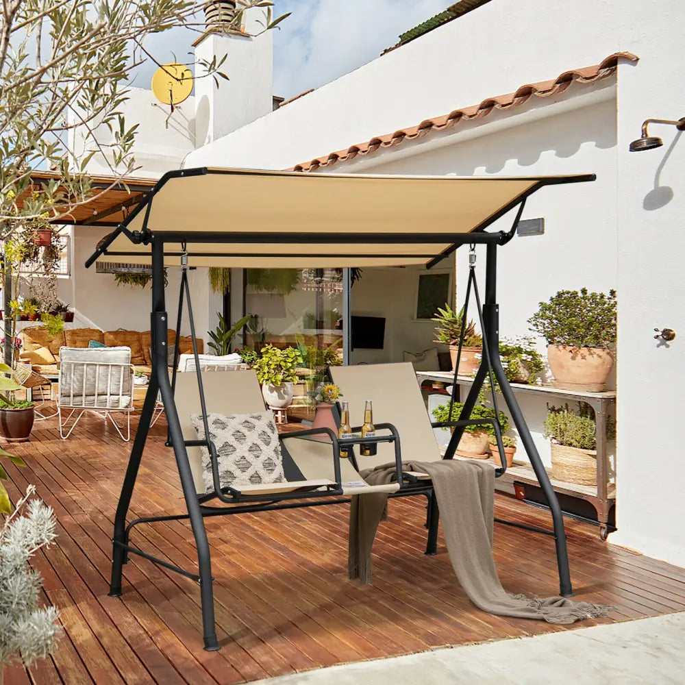 2-Seat Outdoor Cushioned Porch Swing with Adjustable Canopy and Tempered Glass Table-Beige - Beige - Porch Swings