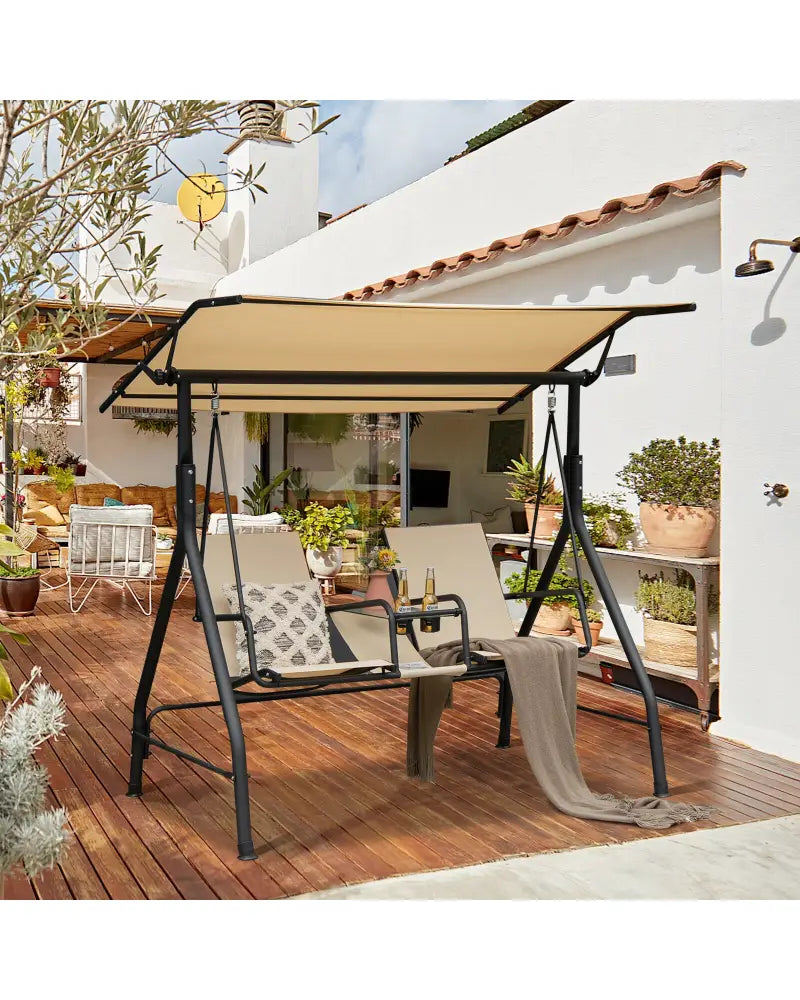 2-Seat Outdoor Cushioned Porch Swing with Adjustable Canopy and Tempered Glass Table-Beige - Beige - Porch Swings