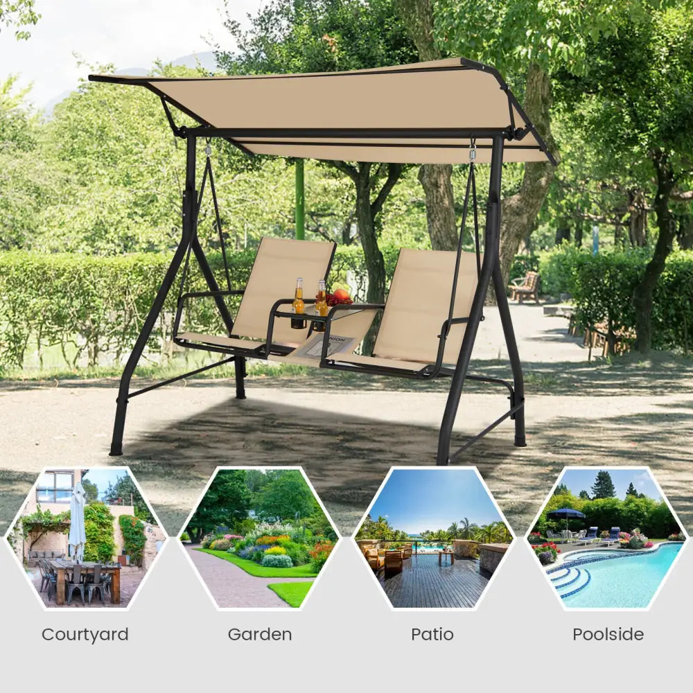 2-Seat Outdoor Cushioned Porch Swing with Adjustable Canopy and Tempered Glass Table-Beige - Beige - Porch Swings