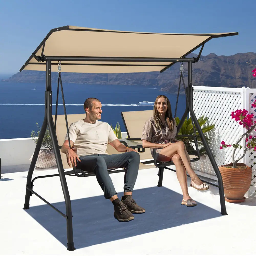 2-Seat Outdoor Cushioned Porch Swing with Adjustable Canopy and Tempered Glass Table-Beige - Beige - Porch Swings