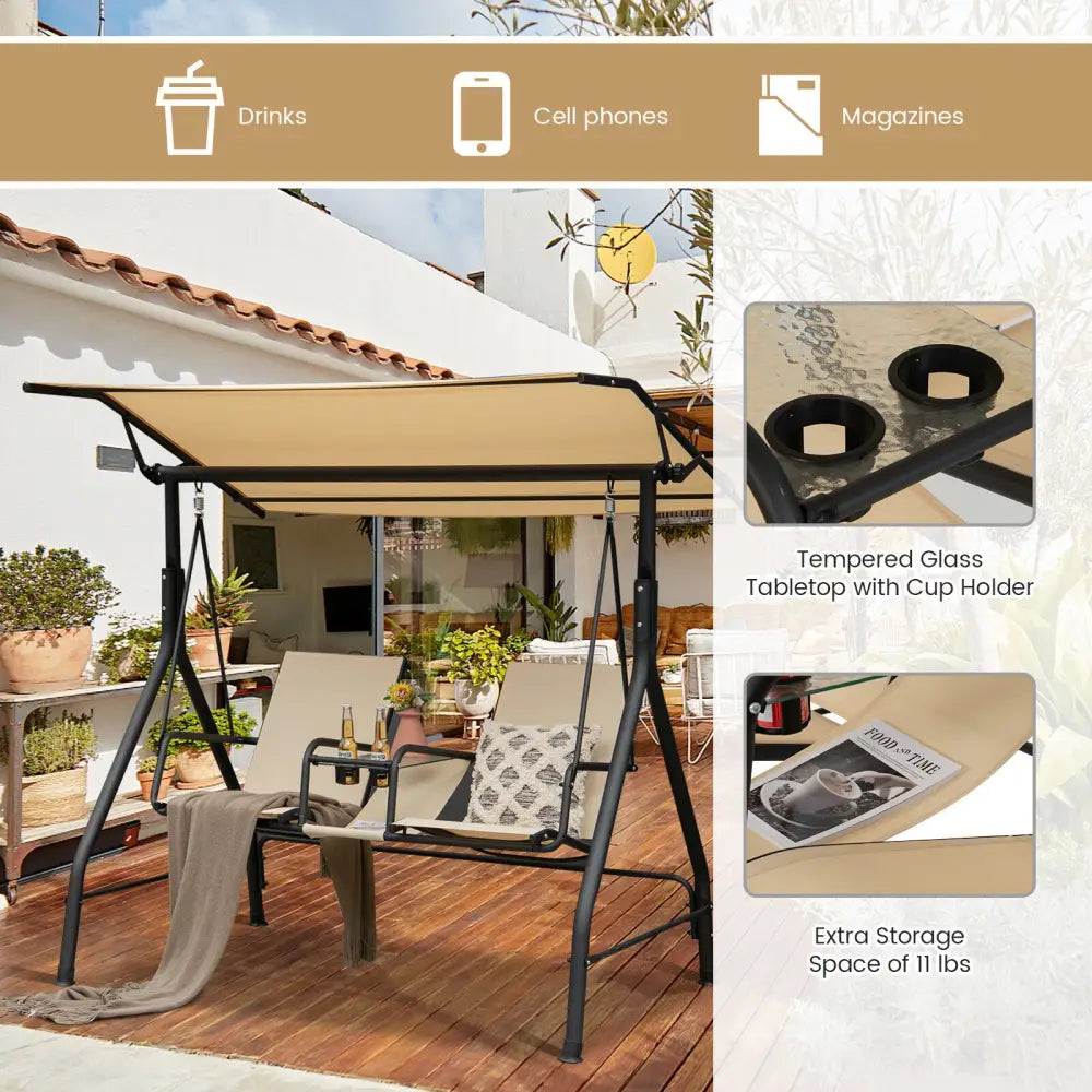 2-Seat Outdoor Cushioned Porch Swing with Adjustable Canopy and Tempered Glass Table-Beige - Beige - Porch Swings
