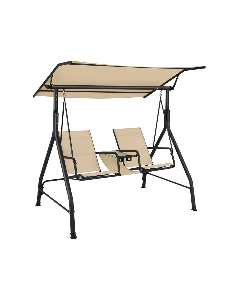 2-Seat Outdoor Cushioned Porch Swing with Adjustable Canopy and Tempered Glass Table-Beige - Beige - Porch Swings