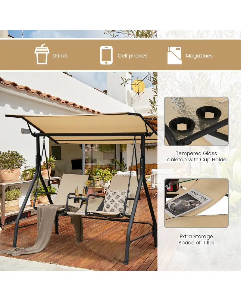 2-Seat Outdoor Cushioned Porch Swing with Adjustable Canopy and Tempered Glass Table-Beige - Beige - Porch Swings