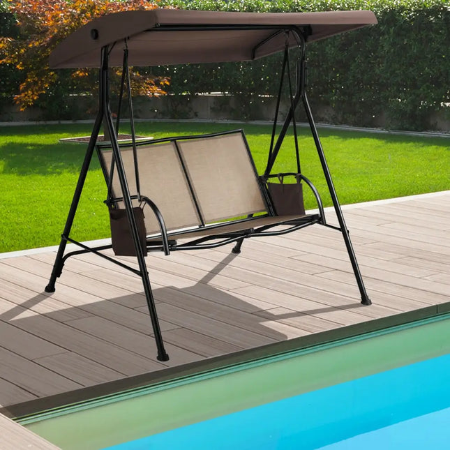 2 Seat Patio Porch Swing with Adjustable Canopy Storage Pockets Brown - Brown - Porch Swings