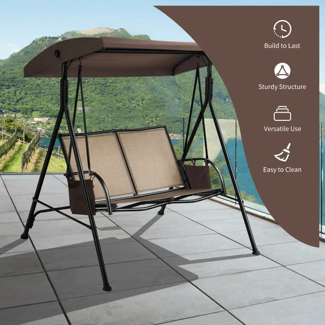 2 Seat Patio Porch Swing with Adjustable Canopy Storage Pockets Brown - Brown - Porch Swings