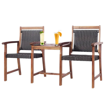 2-Seat Patio Rattan Acacia Wood Chair with Coffee Table - Brown - Patio Conversation Sets