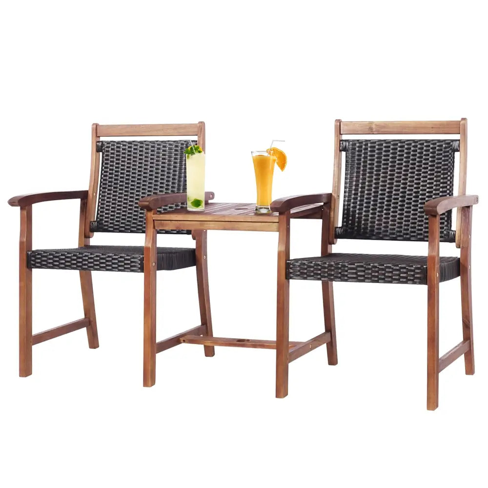 2-Seat Patio Rattan Acacia Wood Chair with Coffee Table - Brown - Patio Conversation Sets