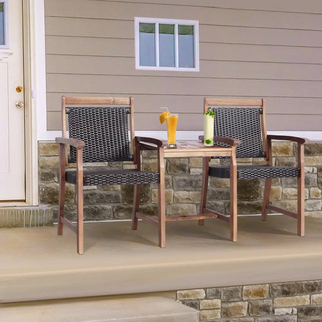 2-Seat Patio Rattan Acacia Wood Chair with Coffee Table - Brown - Patio Conversation Sets