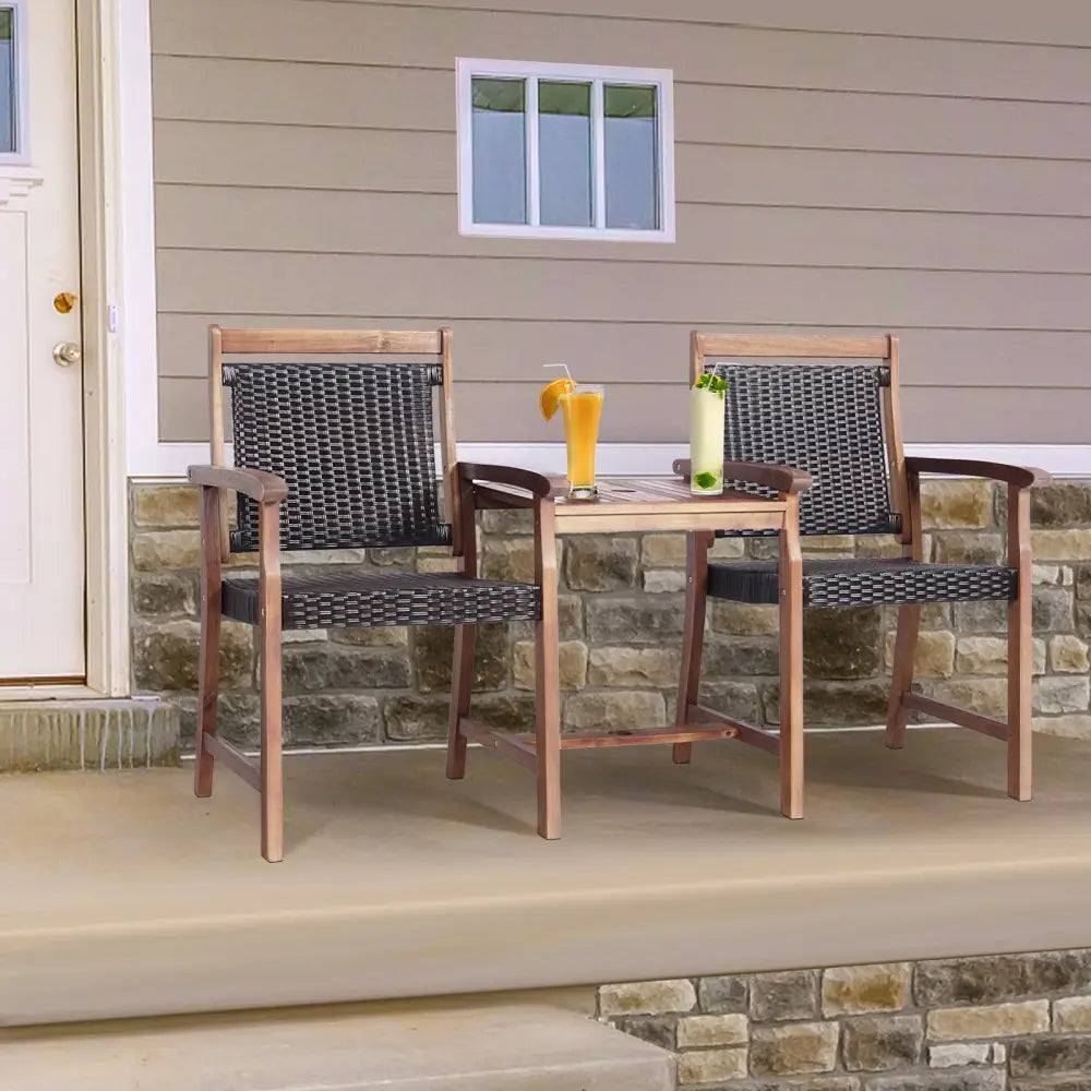 2-Seat Patio Rattan Acacia Wood Chair with Coffee Table - Brown - Patio Conversation Sets
