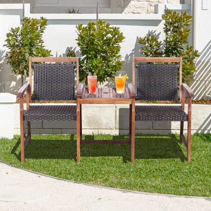 2-Seat Patio Rattan Acacia Wood Chair with Coffee Table - Brown - Patio Conversation Sets