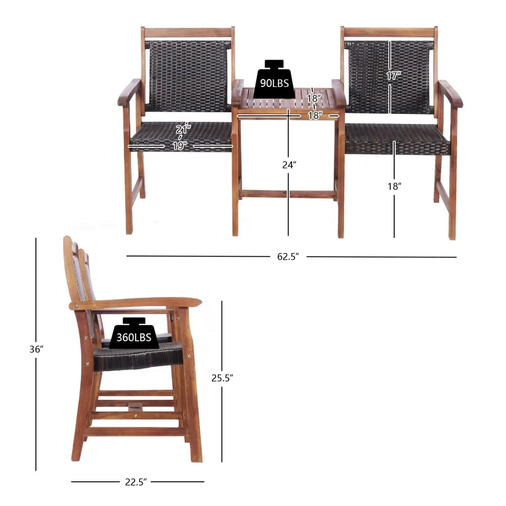 2-Seat Patio Rattan Acacia Wood Chair with Coffee Table - Brown - Patio Conversation Sets