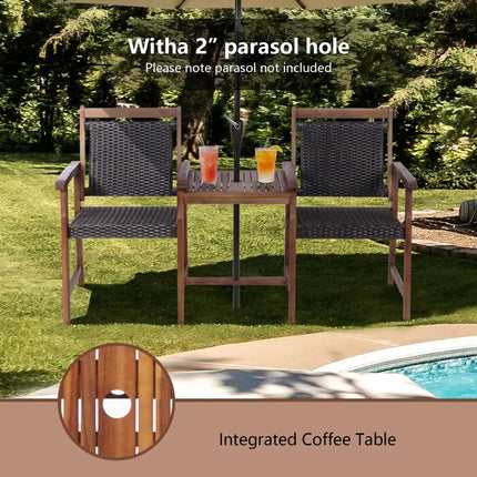 2-Seat Patio Rattan Acacia Wood Chair with Coffee Table - Brown - Patio Conversation Sets