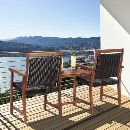2-Seat Patio Rattan Acacia Wood Chair with Coffee Table - Brown - Patio Conversation Sets