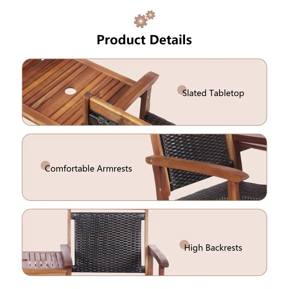 2-Seat Patio Rattan Acacia Wood Chair with Coffee Table - Brown - Patio Conversation Sets