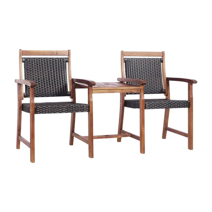 2-Seat Patio Rattan Acacia Wood Chair with Coffee Table - Brown - Patio Conversation Sets