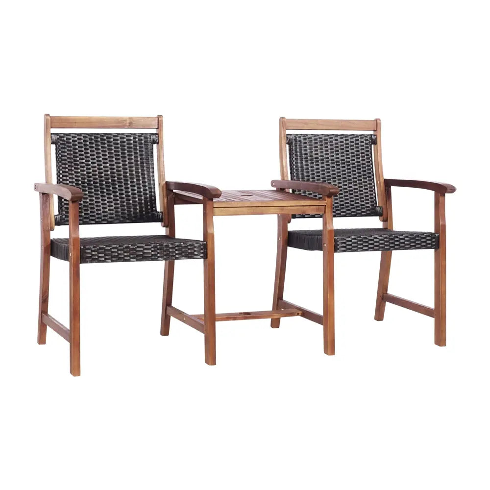 2-Seat Patio Rattan Acacia Wood Chair with Coffee Table - Brown - Patio Conversation Sets