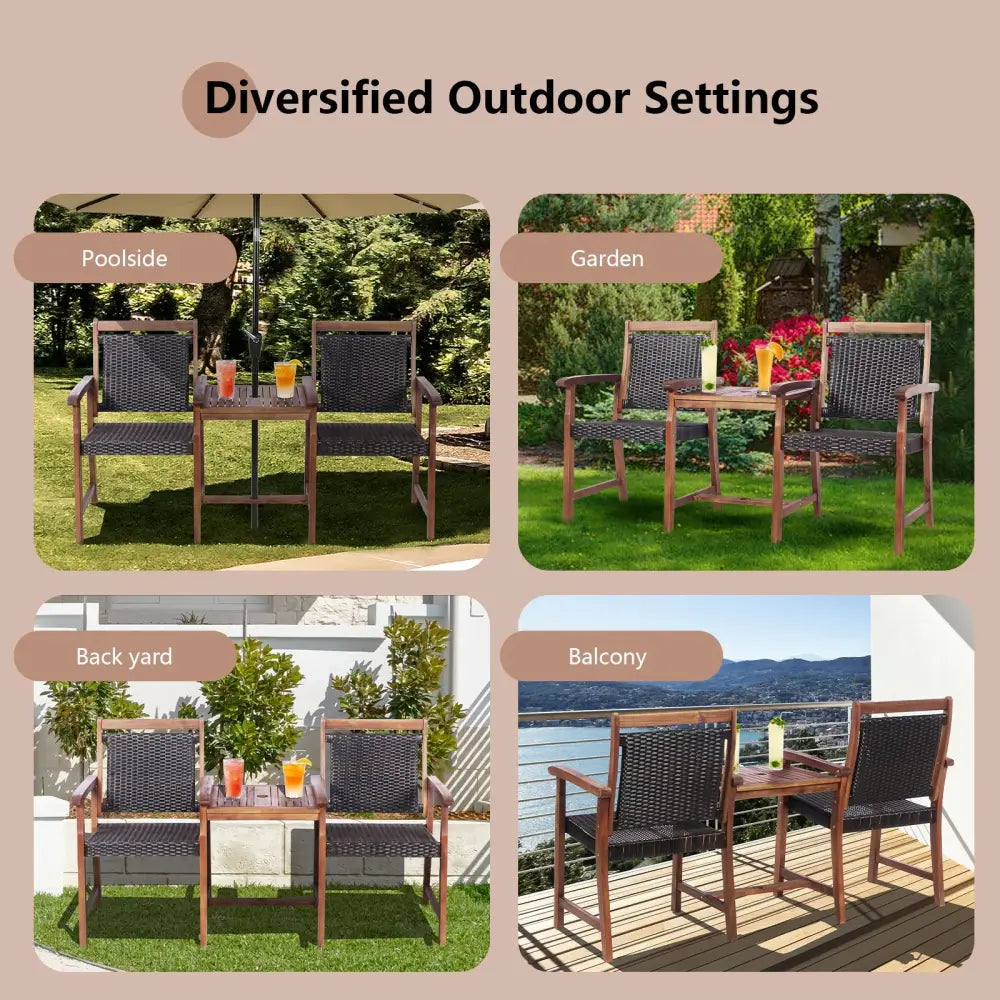 2-Seat Patio Rattan Acacia Wood Chair with Coffee Table - Brown - Patio Conversation Sets
