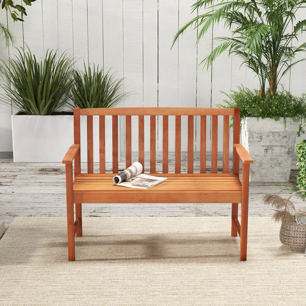 2-Seat Patio Wood Bench with Cozy Armrests and Backrest - Natural - Outdoor Benches