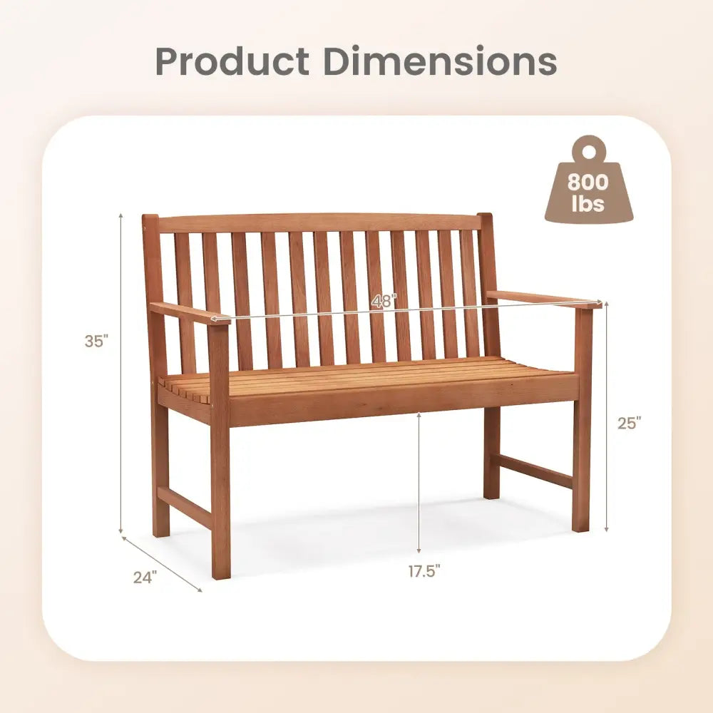 2-Seat Patio Wood Bench with Cozy Armrests and Backrest - Natural - Outdoor Benches