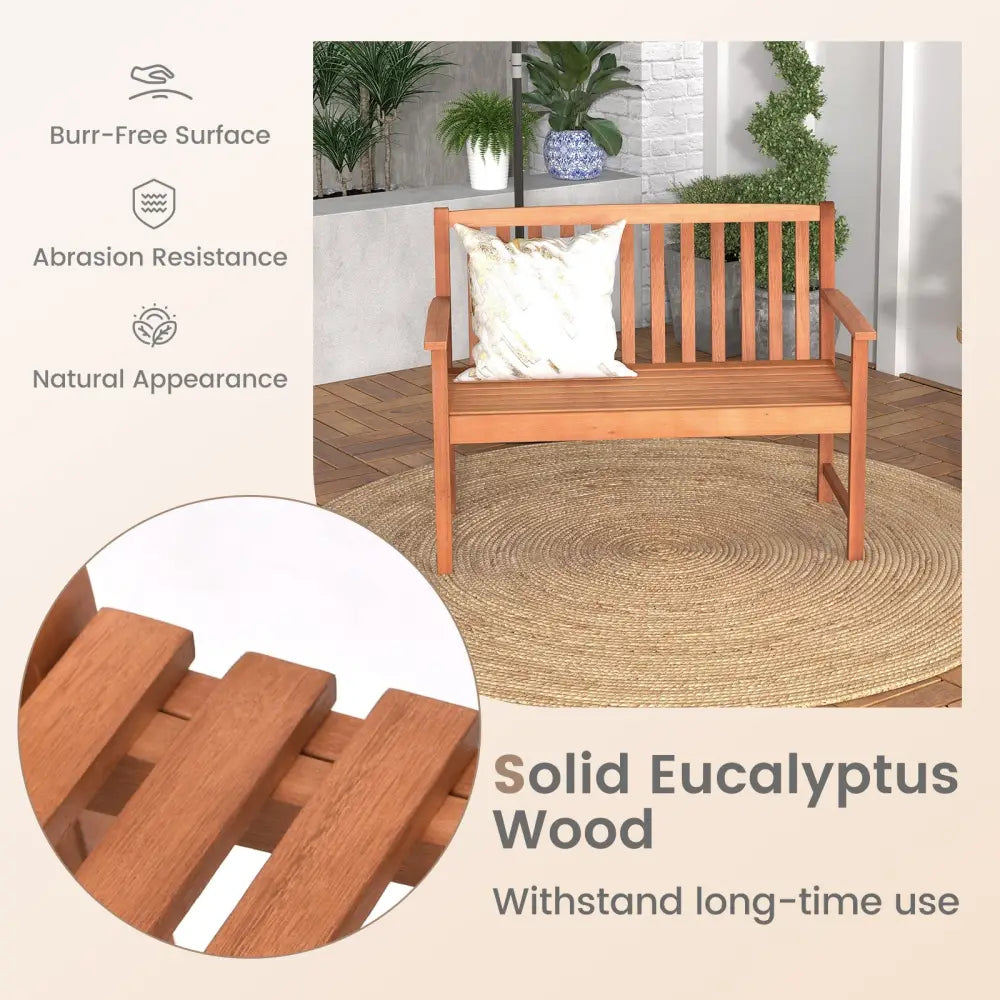 2-Seat Patio Wood Bench with Cozy Armrests and Backrest - Natural - Outdoor Benches