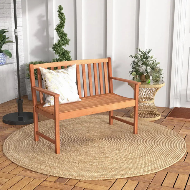 2-Seat Patio Wood Bench with Cozy Armrests and Backrest - Natural - Outdoor Benches