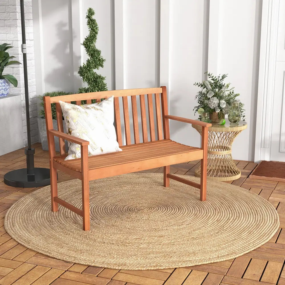 2-Seat Patio Wood Bench with Cozy Armrests and Backrest - Natural - Outdoor Benches