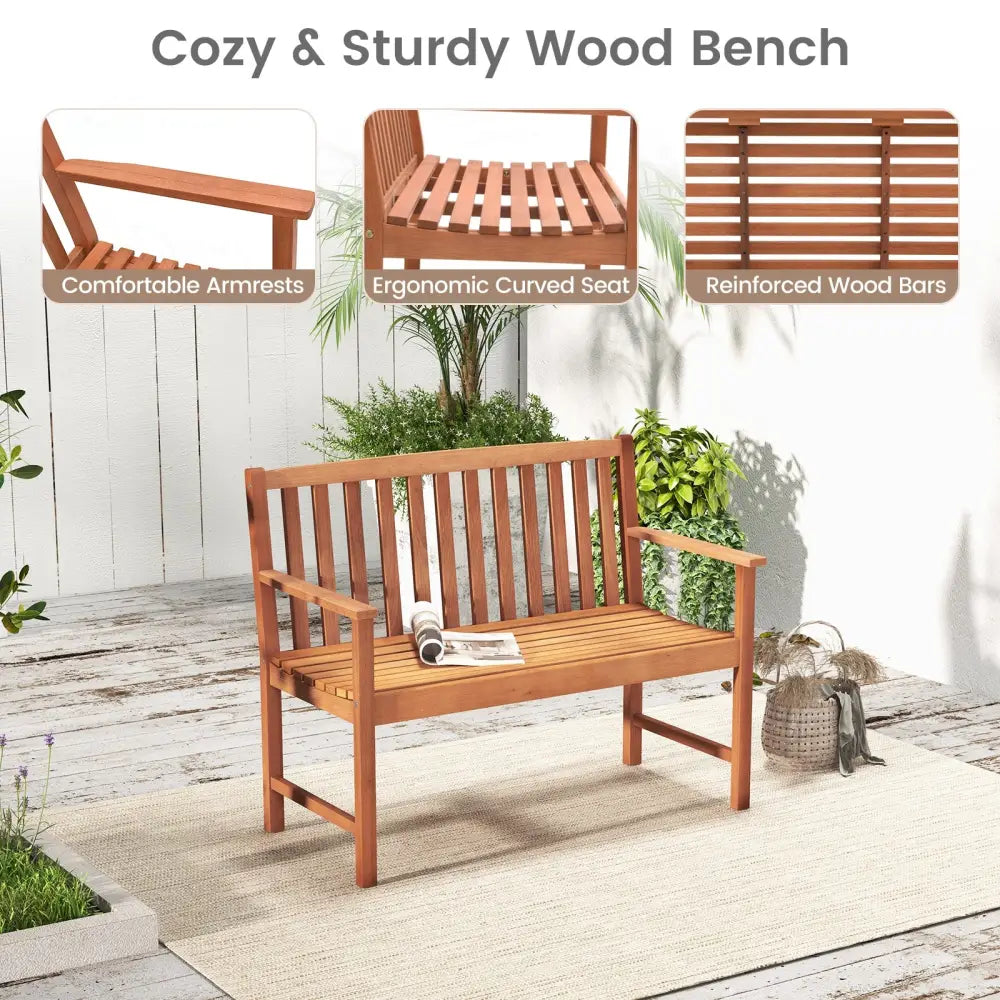 2-Seat Patio Wood Bench with Cozy Armrests and Backrest - Natural - Outdoor Benches
