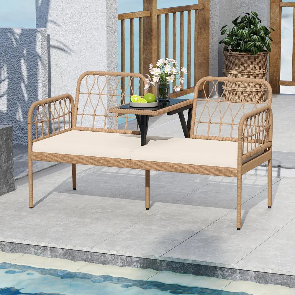 2-Seat PE Rattan Outdoor Loveseat with Built-in Coffee Table and Soft Cushions-White - White - Outdoor Benches