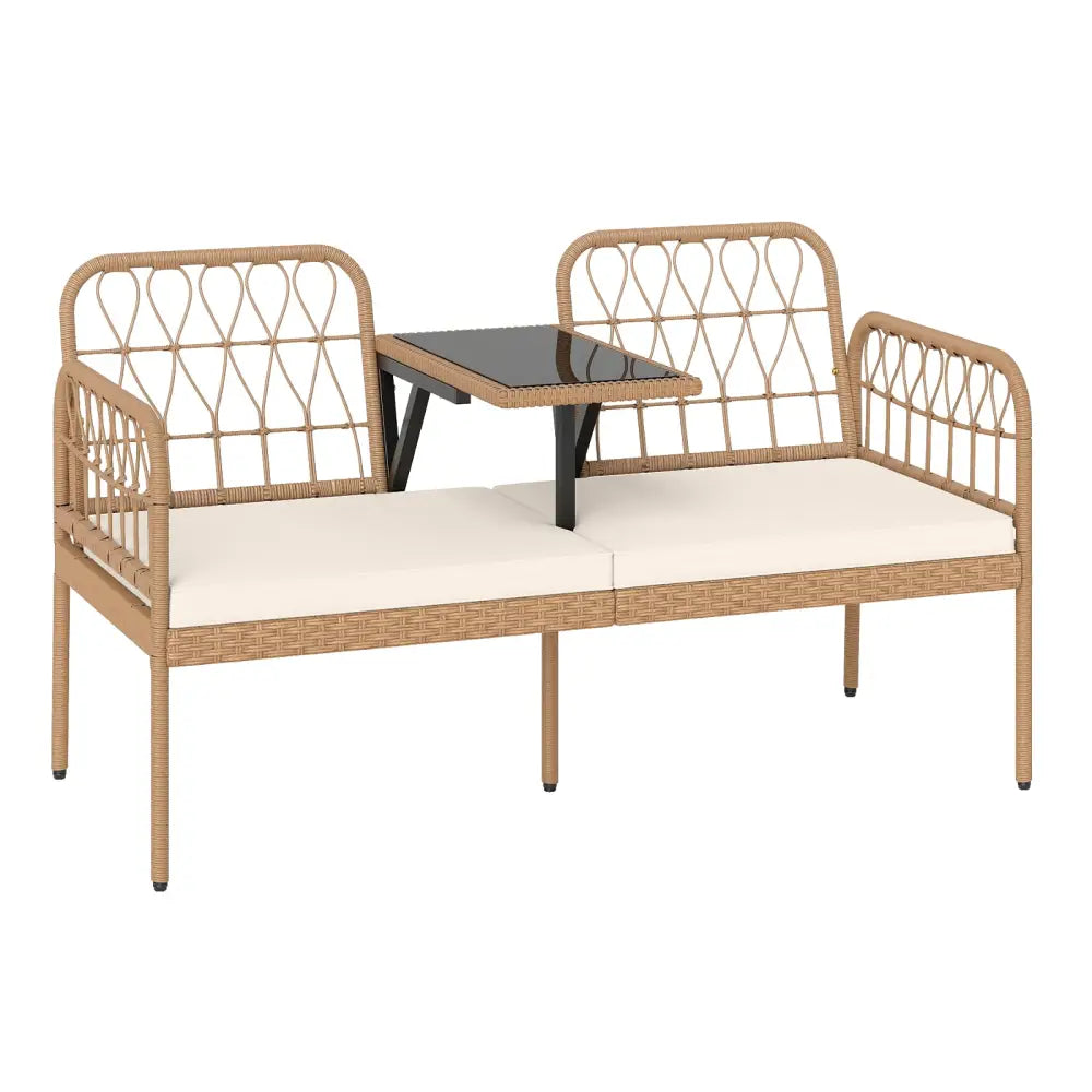 2-Seat PE Rattan Outdoor Loveseat with Built-in Coffee Table and Soft Cushions-White - White - Outdoor Benches