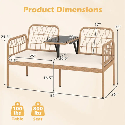 2-Seat PE Rattan Outdoor Loveseat with Built-in Coffee Table and Soft Cushions-White - White - Outdoor Benches