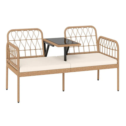 2-Seat PE Rattan Outdoor Loveseat with Built-in Coffee Table and Soft Cushions-White - White - Outdoor Benches