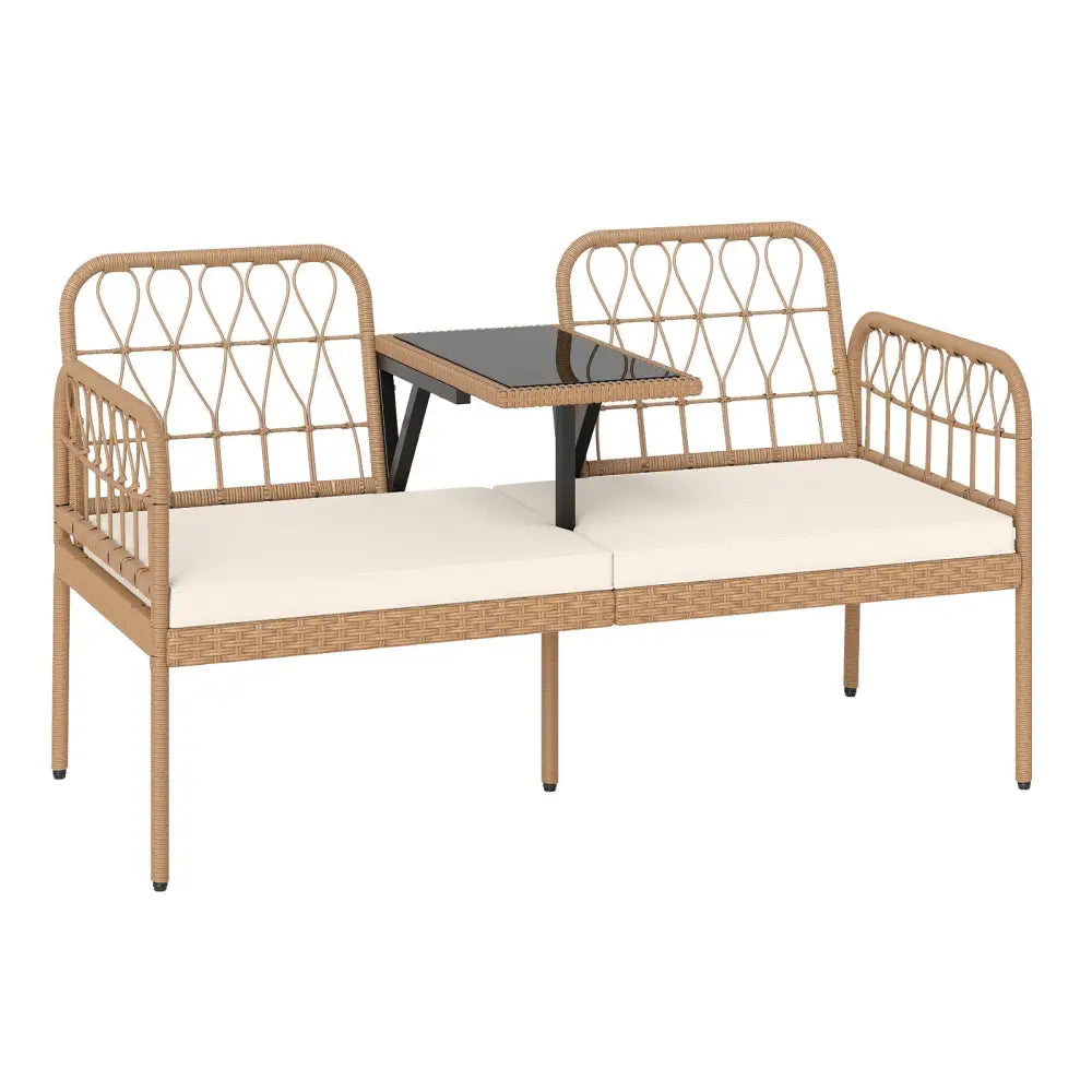 2-Seat PE Rattan Outdoor Loveseat with Built-in Coffee Table and Soft Cushions-White - White - Outdoor Benches