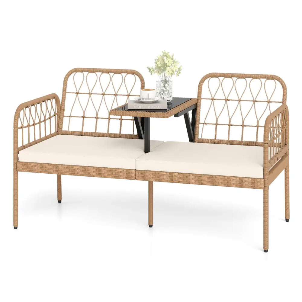 2-Seat PE Rattan Outdoor Loveseat with Built-in Coffee Table and Soft Cushions-White - White - Outdoor Benches