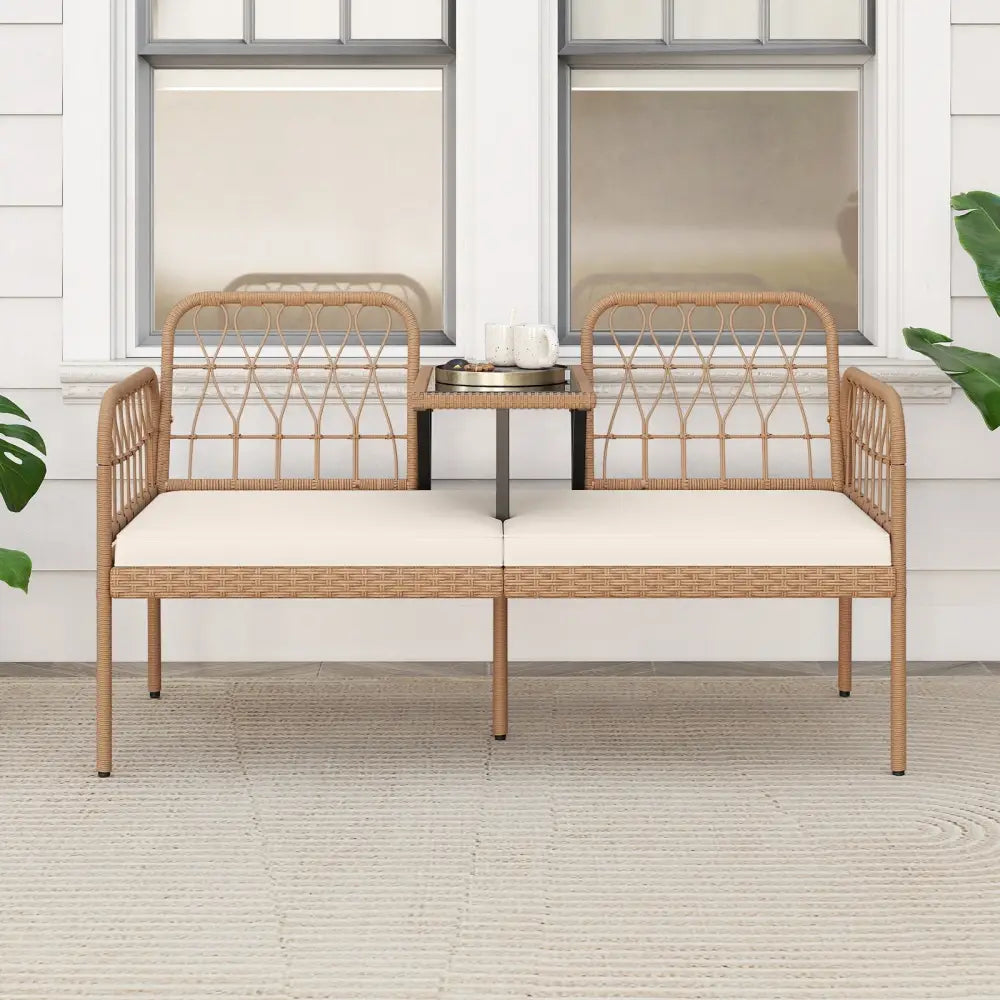 2-Seat PE Rattan Outdoor Loveseat with Built-in Coffee Table and Soft Cushions-White - White - Outdoor Benches