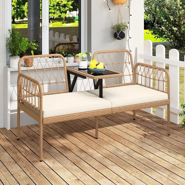 2-Seat PE Rattan Outdoor Loveseat with Built-in Coffee Table and Soft Cushions-White - White - Outdoor Benches