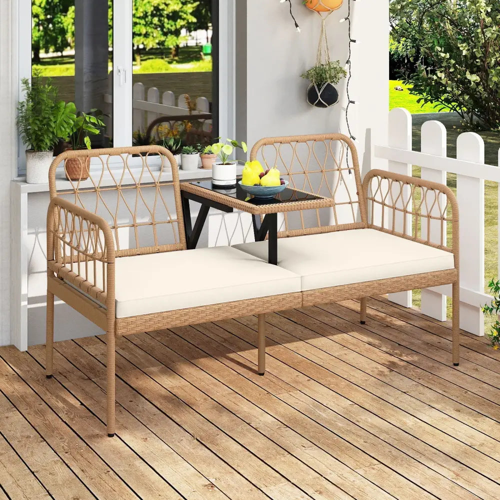 2-Seat PE Rattan Outdoor Loveseat with Built-in Coffee Table and Soft Cushions-White - White - Outdoor Benches