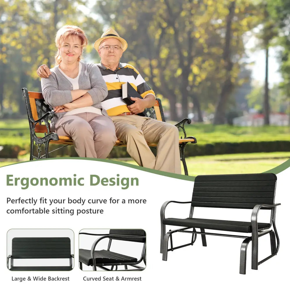 2-Seat Porch Glider with HDPE Back Seat and Steel Frame-Black - Black - Patio Rocking Chairs & Gliders