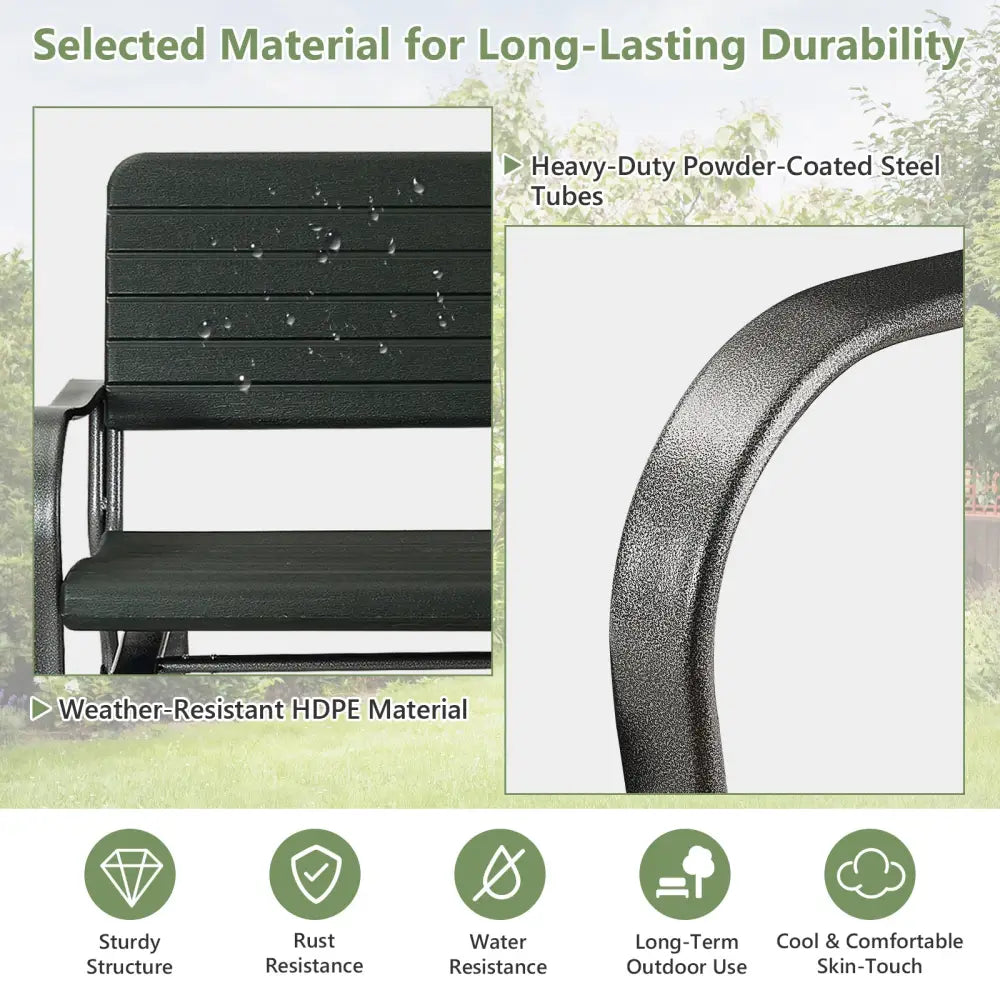 2-Seat Porch Glider with HDPE Back Seat and Steel Frame-Black - Black - Patio Rocking Chairs & Gliders