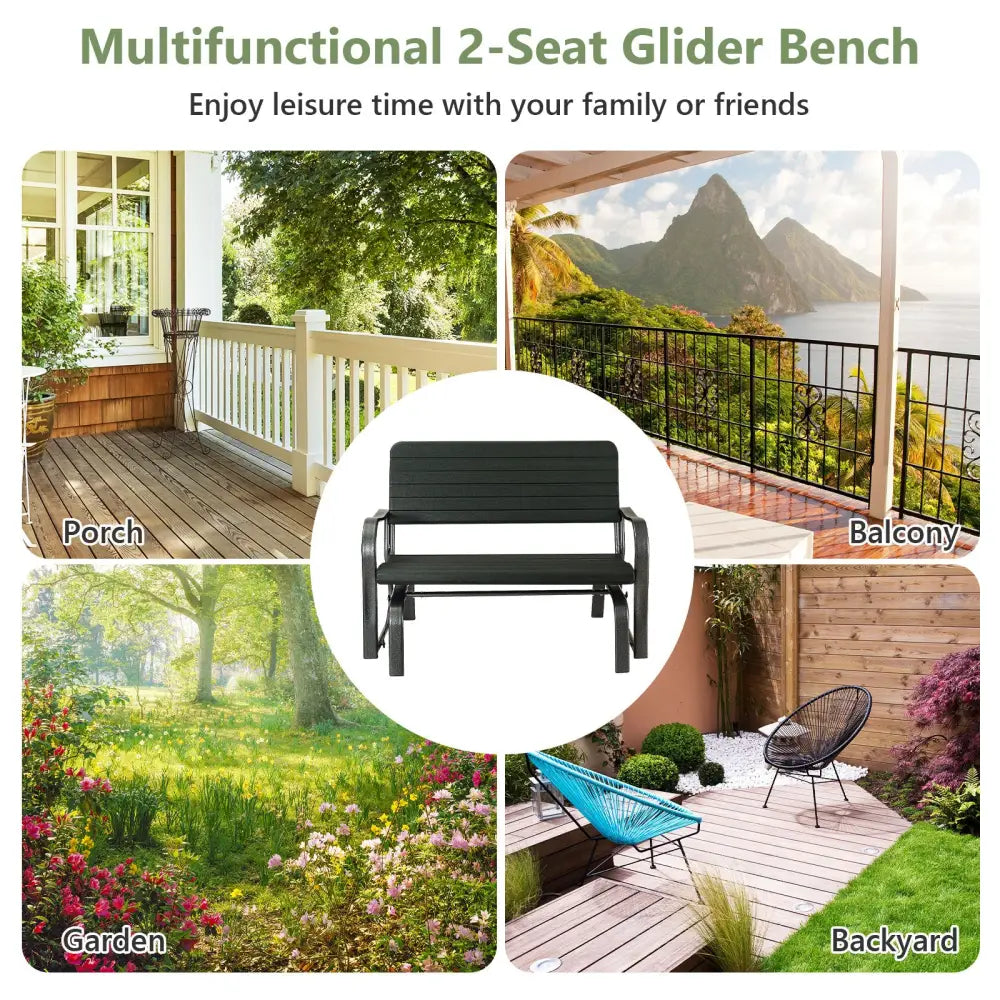 2-Seat Porch Glider with HDPE Back Seat and Steel Frame-Black - Black - Patio Rocking Chairs & Gliders