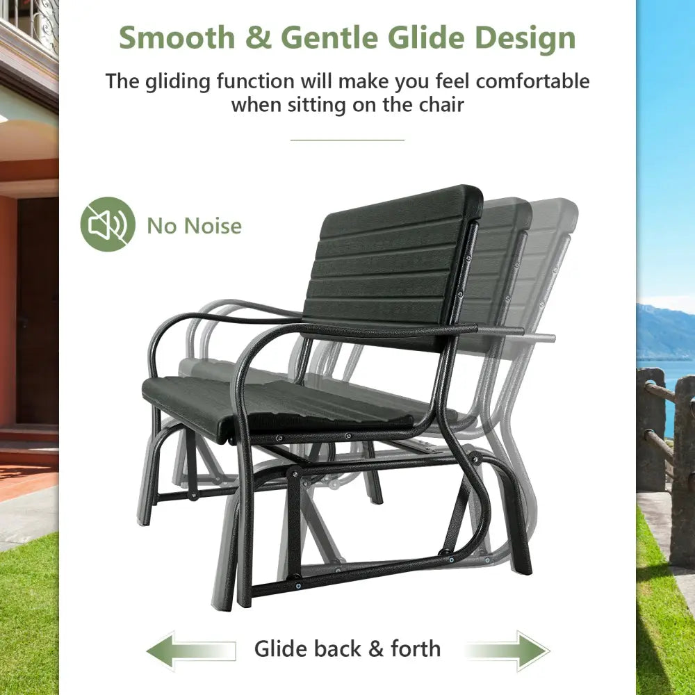 2-Seat Porch Glider with HDPE Back Seat and Steel Frame-Black - Black - Patio Rocking Chairs & Gliders