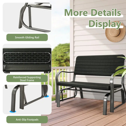 2-Seat Porch Glider with HDPE Back Seat and Steel Frame-Black - Black - Patio Rocking Chairs & Gliders