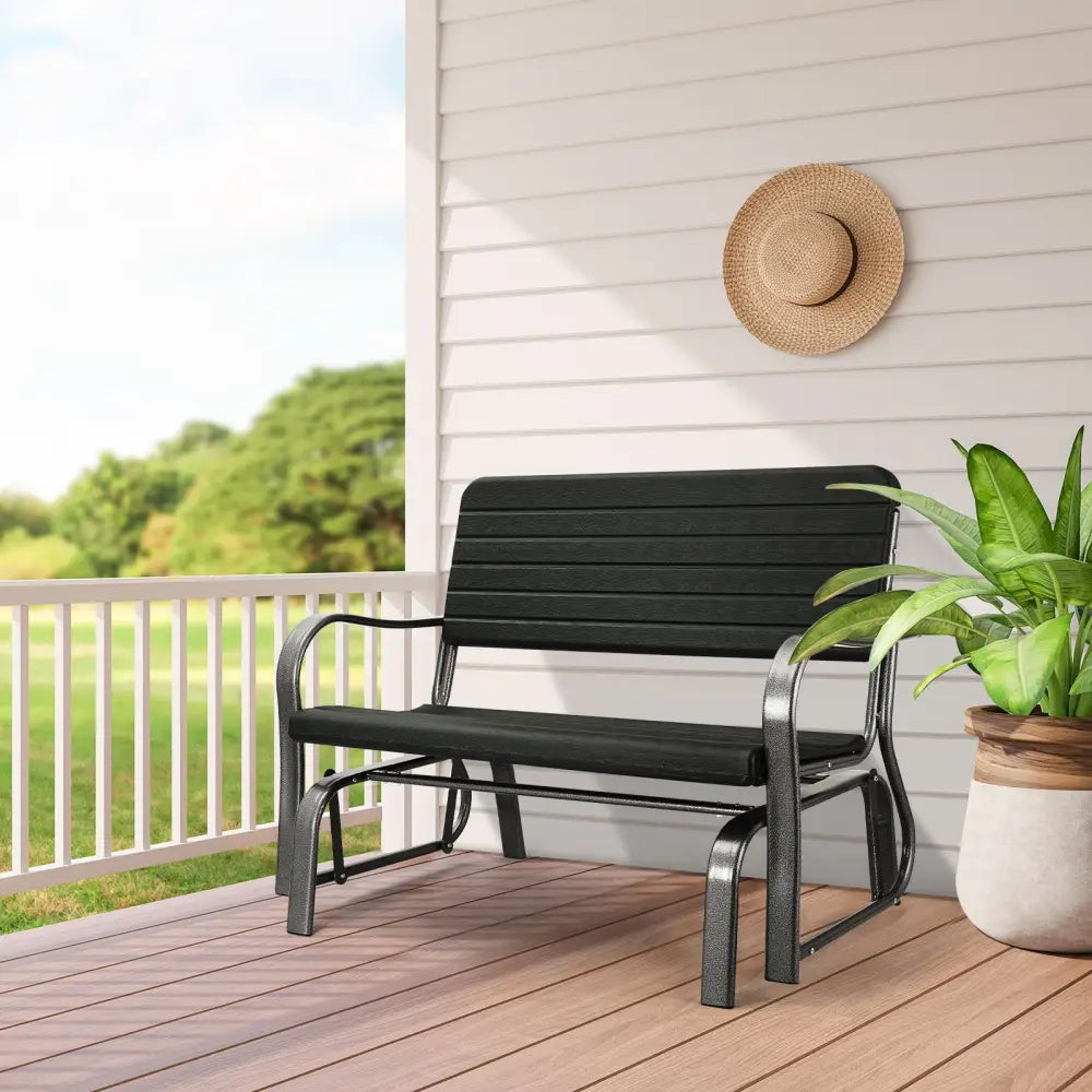 2-Seat Porch Glider with HDPE Back Seat and Steel Frame-Black - Black - Patio Rocking Chairs & Gliders