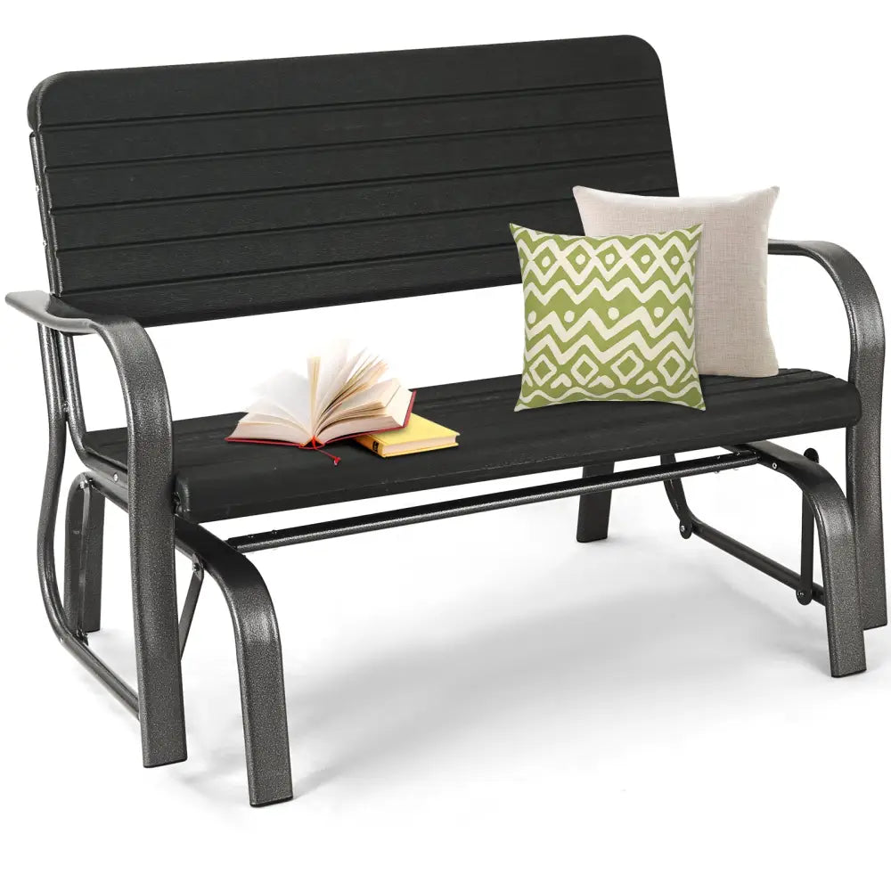 2-Seat Porch Glider with HDPE Back Seat and Steel Frame-Black - Black - Patio Rocking Chairs & Gliders