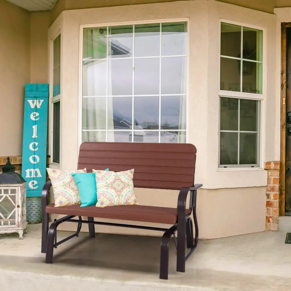 2-Seat Porch Glider with HDPE Back Seat and Steel Frame-Brown - Brown - Patio Rocking Chairs & Gliders